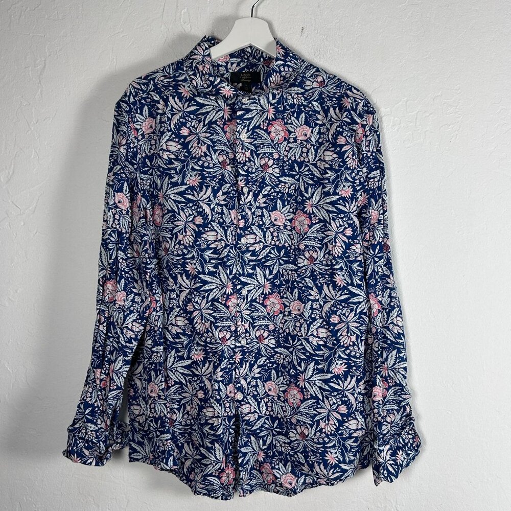 Club Room Luxury Mens Floral Linen Button-Up Shirt Size Large Blue White Casual